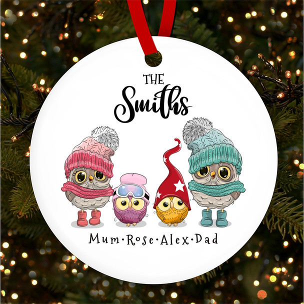 Family Name Owls Round Bauble Personalised Christmas Tree Ornament Decoration