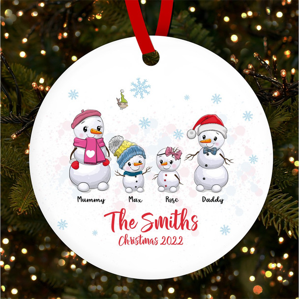 Family Name Snowman Round Bauble Personalised Christmas Tree Ornament Decoration