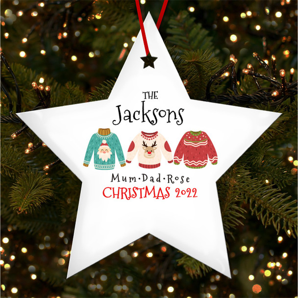 Family 3 Name Jumpers Star Personalised Christmas Tree Ornament Decoration