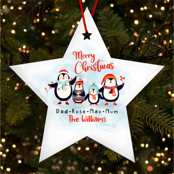 Family Name Penguin Star Bauble Personalised Christmas Tree Ornament Decoration