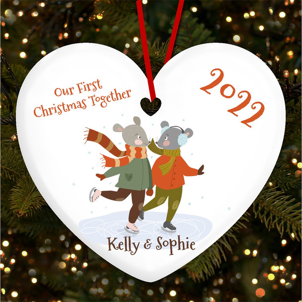 Two Mice Couple Ice Skating Personalised Christmas Tree Ornament Decoration