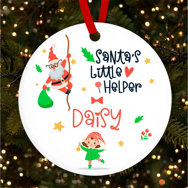 Girl Elf Santa's Helper Round Personalised Christmas Tree Ornament Decoration