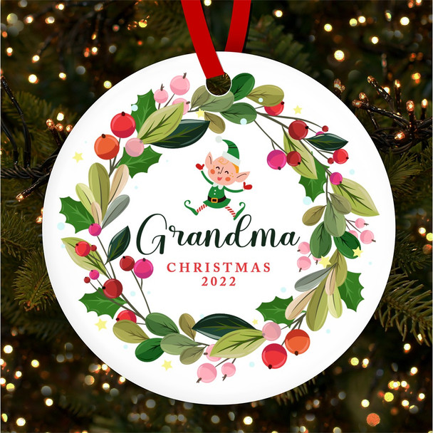 Grandma Winter Wreath Elf Round Personalised Christmas Tree Ornament Decoration