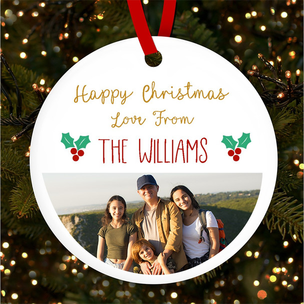 Happy Family Name Photo Round Personalised Christmas Tree Ornament Decoration
