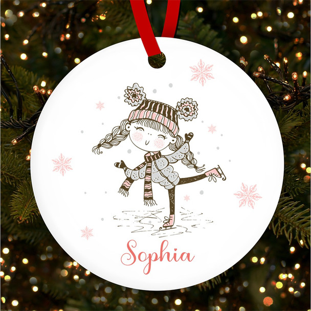 Pink Girl Ice Skating Round Personalised Christmas Tree Ornament Decoration