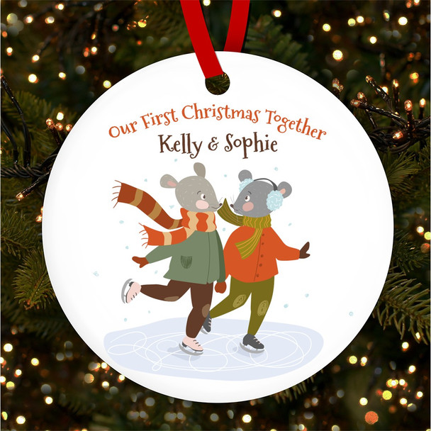 Two Mice In love At Ice Skating Personalised Christmas Tree Ornament Decoration