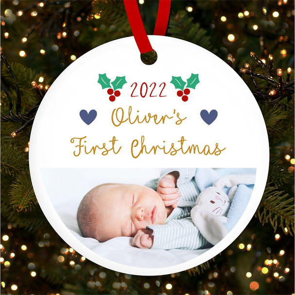 Baby First Photo Round Bauble Personalised Christmas Tree Ornament Decoration