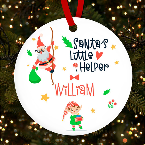 Boy Elf Santa's Helper Round Personalised Christmas Tree Ornament Decoration