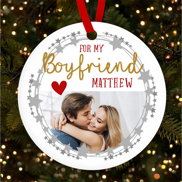 Boyfriend Star Frame Photo Round Personalised Christmas Tree Ornament Decoration