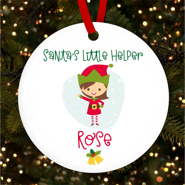 Brown Hair Girl Elf Personalised Christmas Tree Ornament Decoration