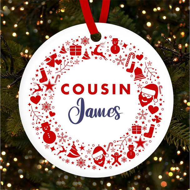 Cousin Element Red Wreath Round Personalised Christmas Tree Ornament Decoration