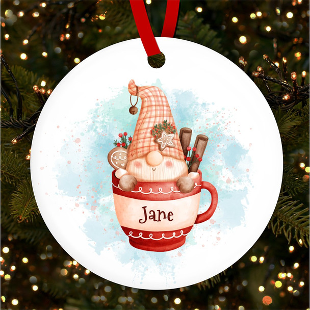 Festive Gnome Sitting In Cup Personalised Christmas Tree Ornament Decoration Festive Gnome Sitting In Cup Personalised Christmas Tree Ornament Decoration