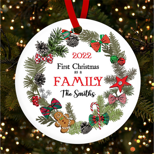 First As A Family Wreath Round Personalised Christmas Tree Ornament Decoration