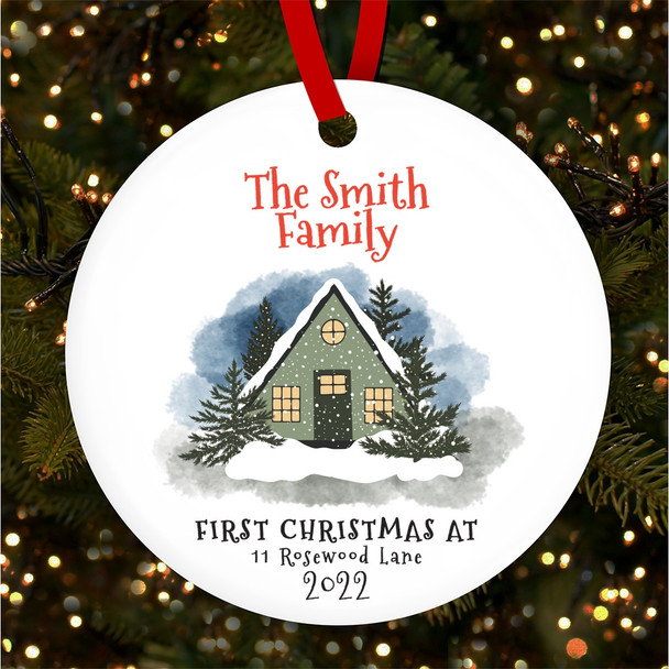 First At Snowy House Address Personalised Christmas Tree Ornament Decoration