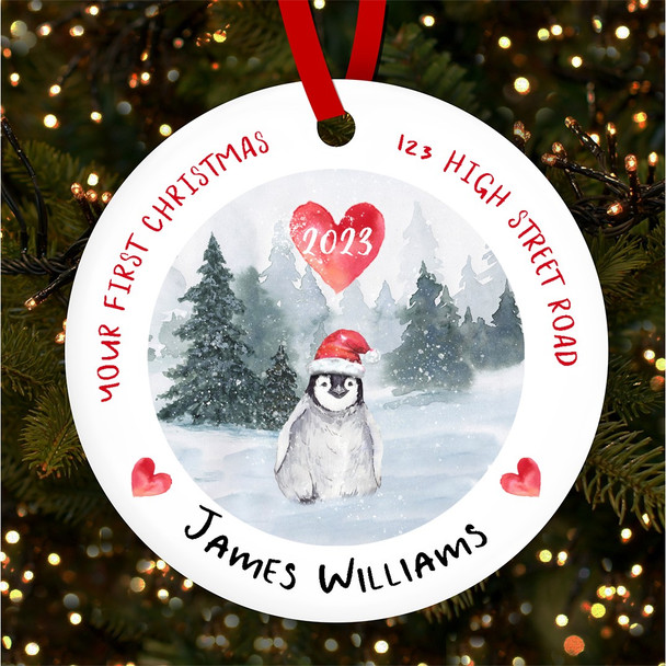 First Baby Address Penguin Round Personalised Christmas Tree Ornament Decoration