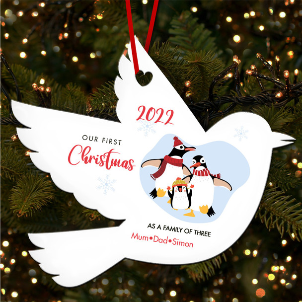 First As Family Of 3 Penguin Personalised Christmas Tree Ornament Decoration