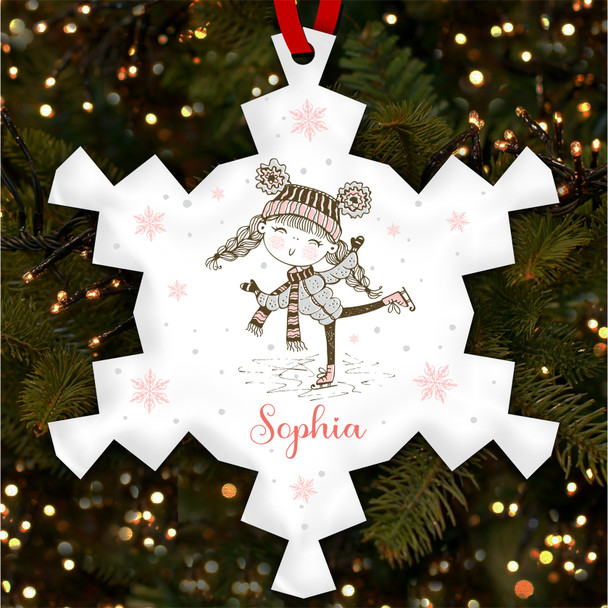 Girl Ice Skating Pink Snowflake Personalised Christmas Tree Ornament Decoration