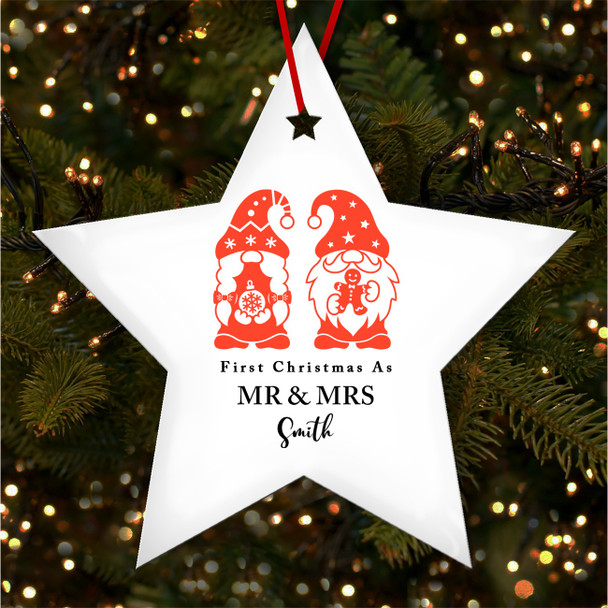 First As Mr and Mrs Gnomes Star Personalised Christmas Tree Ornament Decoration