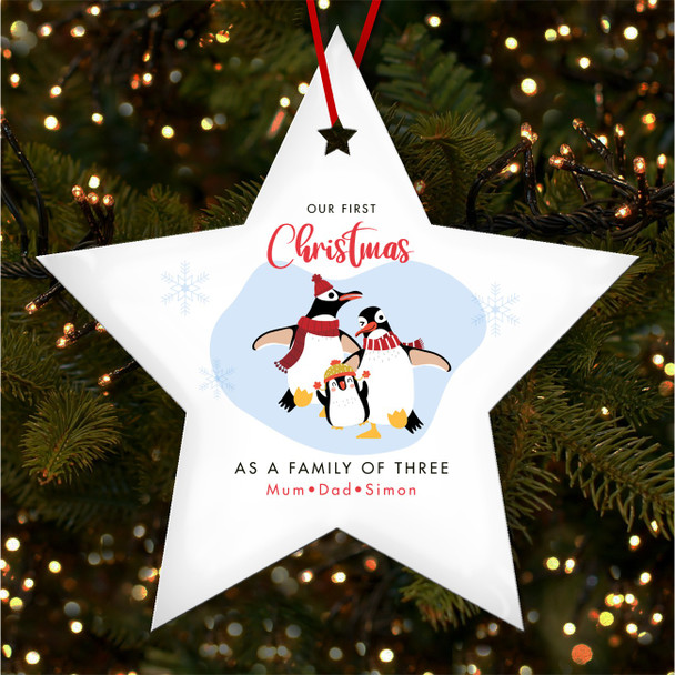 First Family Of Three Penguin Personalised Christmas Tree Ornament Decoration