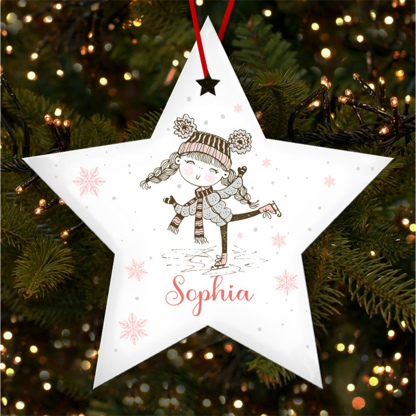Pink Girl Skating Any Name Star Personalised Christmas Tree Ornament Decoration