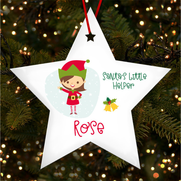 Brown Hair Girl Elf Helper Personalised Christmas Tree Ornament Decoration