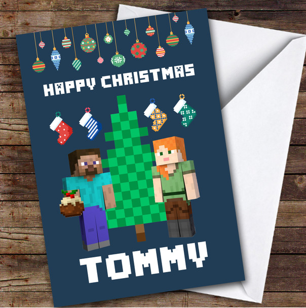 Minecraft Pixel Tree Stockings Personalised Kids Children's Christmas Card