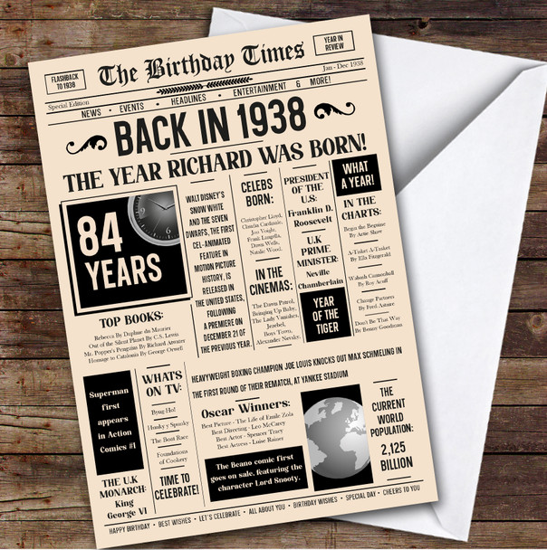 1938 Newspaper Any Age Any Year You Were Born Facts Personalised Birthday Card