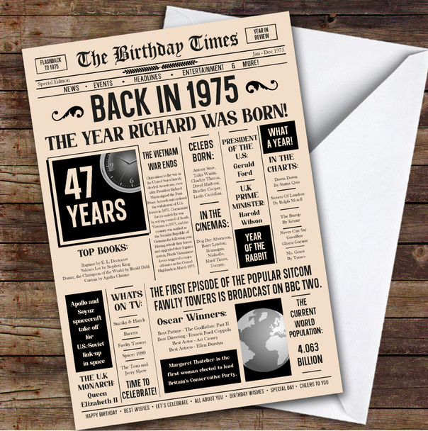 1975 Newspaper Any Age Any Year You Were Born Facts Personalised Birthday Card