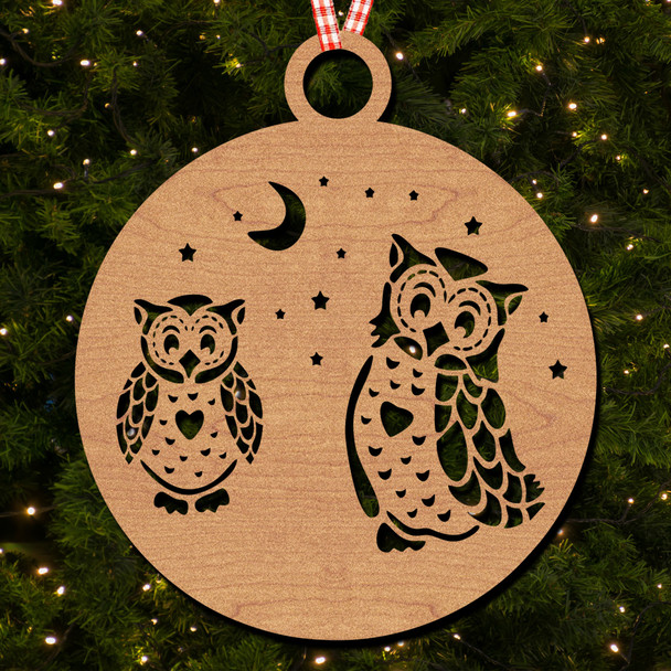 Round Two Owls Moon Stars Hanging Ornament Christmas Tree Bauble Decoration
