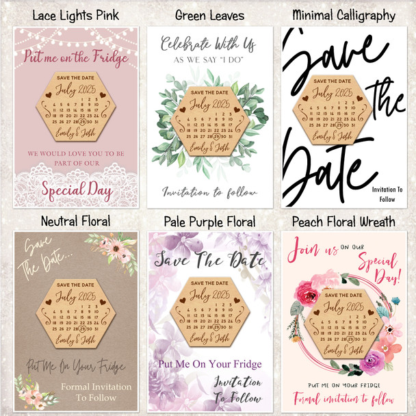 Calendar Hexagon Personalised Wood Wedding Save The Date Magnets & Backing Cards