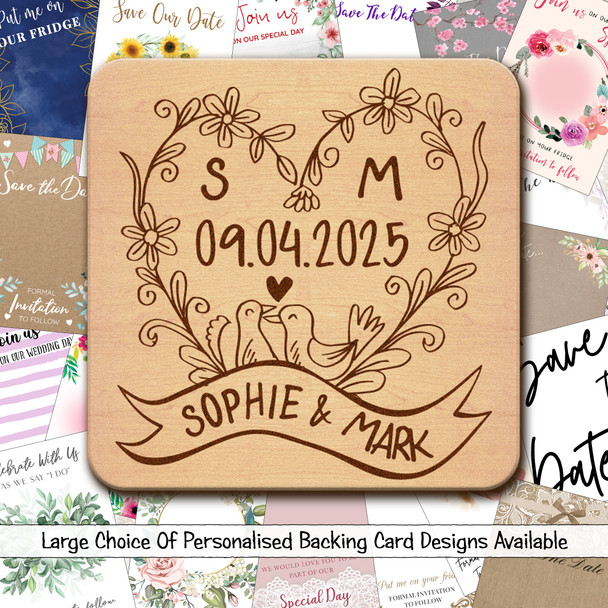 Wreath Lovebirds Personalised Wood Wedding Save The Date Magnets & Backing Cards