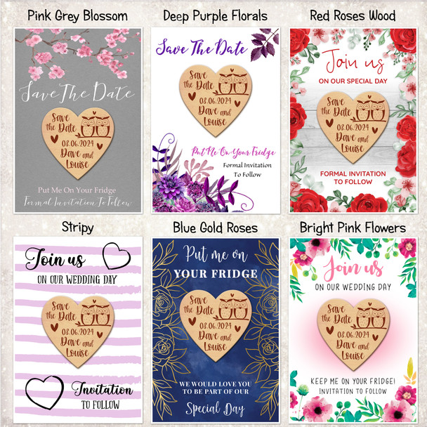 Owls Heart Shape Personalised Wood Wedding Save The Date Magnets & Backing Cards