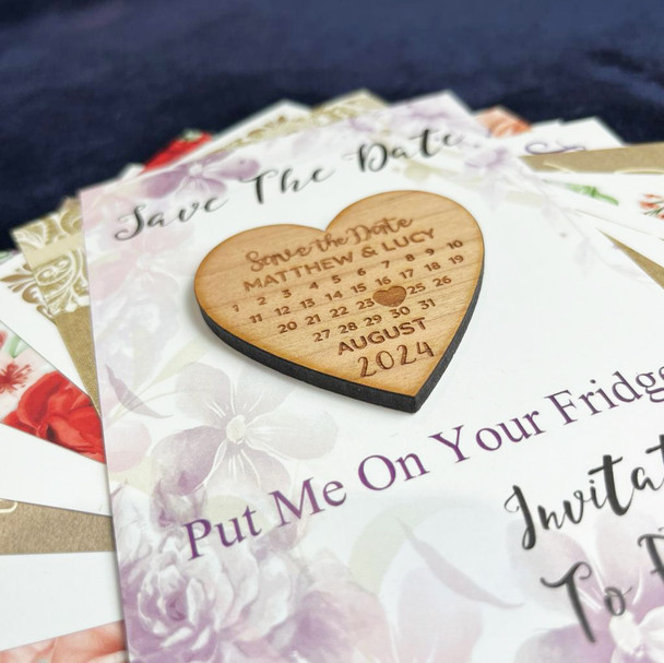 Calendar Heart Personalised Wooden Wedding Save The Date Magnets & Backing Cards