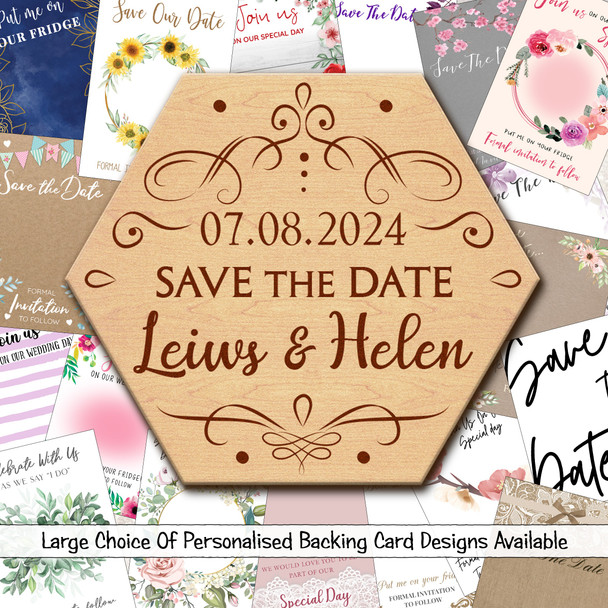 Hexagon Vintage Personalised Wood Wedding Save The Date Magnets & Backing Cards