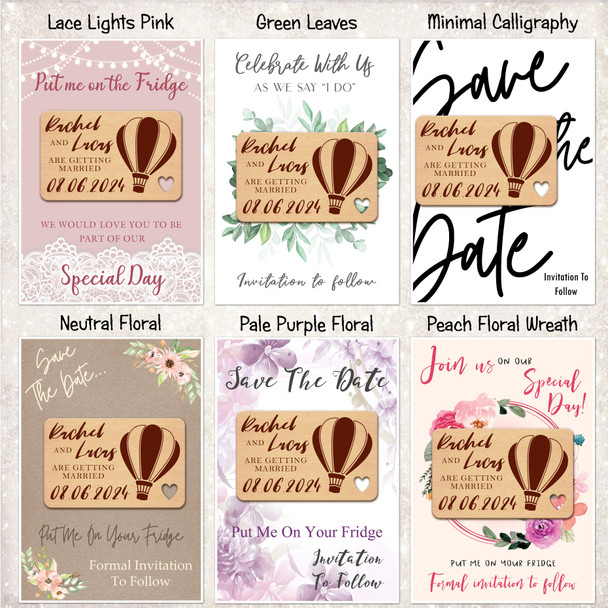 Hot Air Balloon Personalised Wood Wedding Save The Date Magnets & Backing Cards