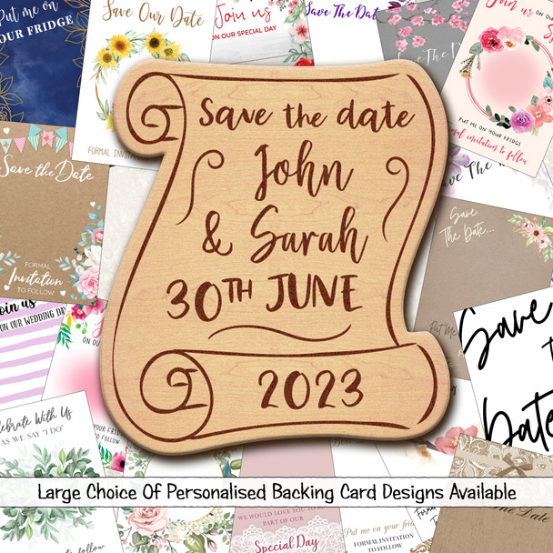 Banner Scroll Personalised Wooden Wedding Save The Date Magnets & Backing Cards