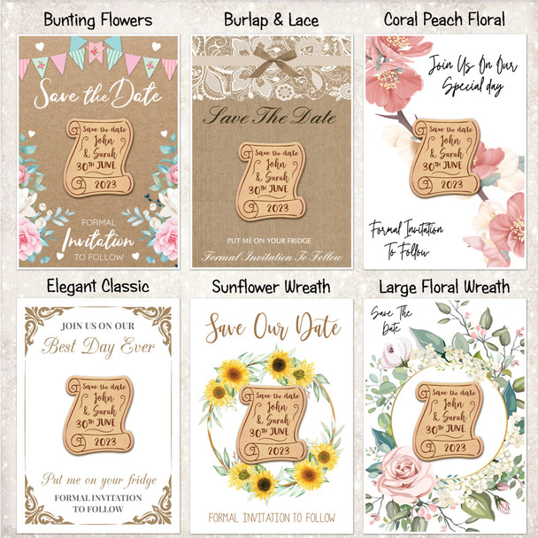 Banner Scroll Personalised Wooden Wedding Save The Date Magnets & Backing Cards