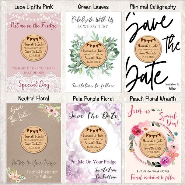 Round Bunting Personalised Wooden Wedding Save The Date Magnets & Backing Cards