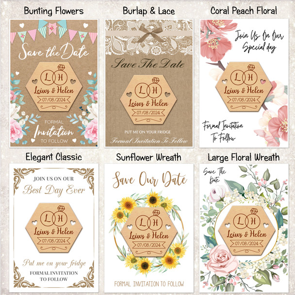 Rings Hexagon Personalised Wooden Wedding Save The Date Magnets & Backing Cards