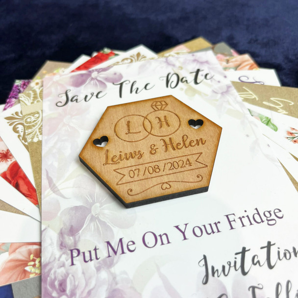 Rings Hexagon Personalised Wooden Wedding Save The Date Magnets and Backing Cards