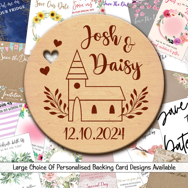 Church Round Personalised Wooden Wedding Save The Date Magnets & Backing Cards