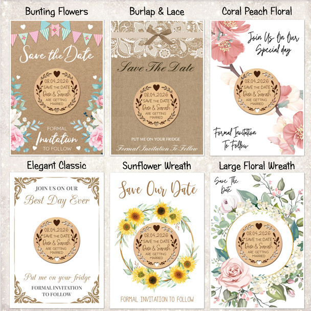 Wreath Round Personalised Wooden Wedding Save The Date Magnets & Backing Cards