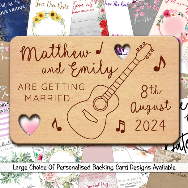 Guitar Music Personalised Wooden Wedding Save The Date Magnets & Backing Cards