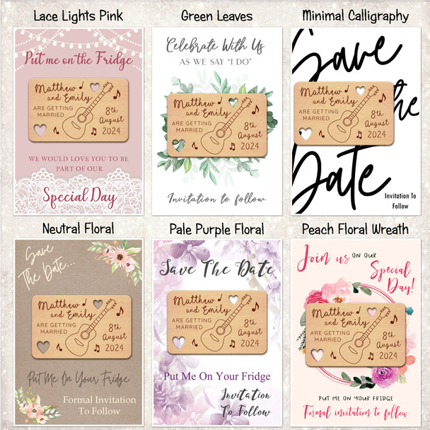 Guitar Music Personalised Wooden Wedding Save The Date Magnets & Backing Cards