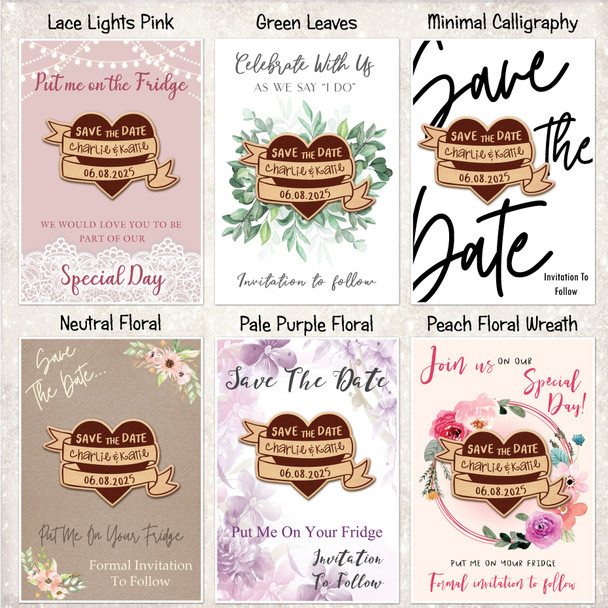 Heart Banner Personalised Wooden Wedding Save The Date Magnets & Backing Cards