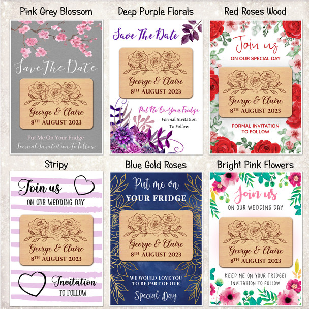 Roses Floral Personalised Wooden Wedding Save The Date Magnets & Backing Cards