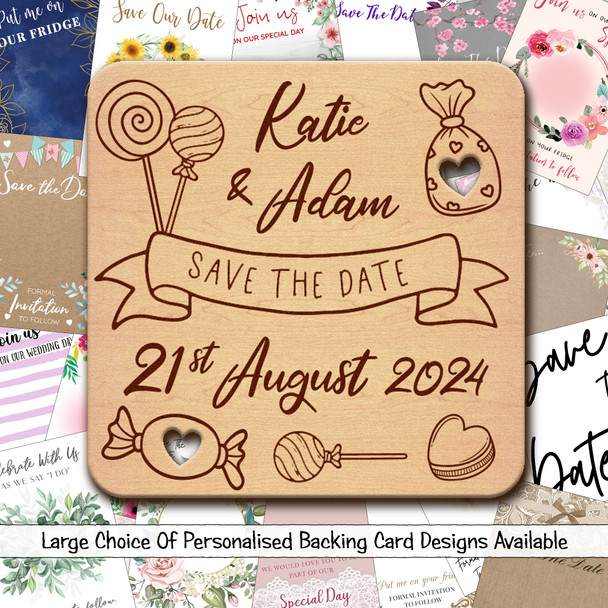 Sweets Candy Personalised Wooden Wedding Save The Date Magnets & Backing Cards