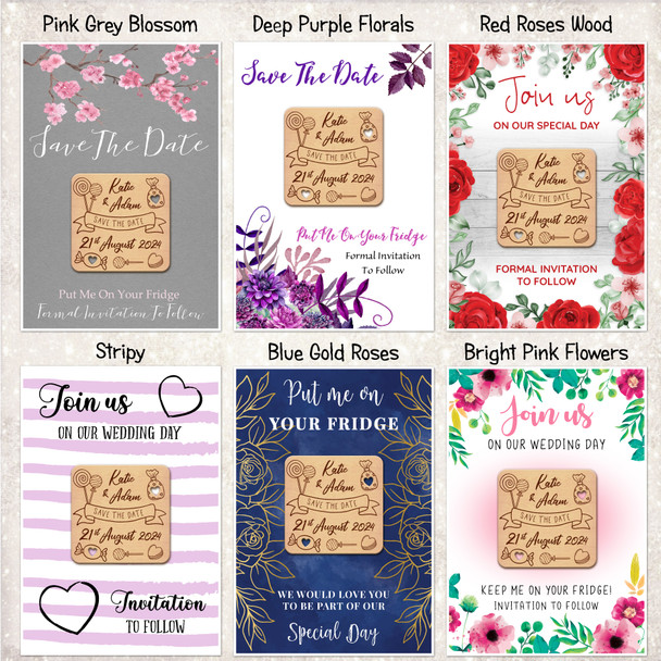 Sweets Candy Personalised Wooden Wedding Save The Date Magnets & Backing Cards