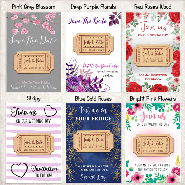 Ticket Style Personalised Wooden Wedding Save The Date Magnets & Backing Cards