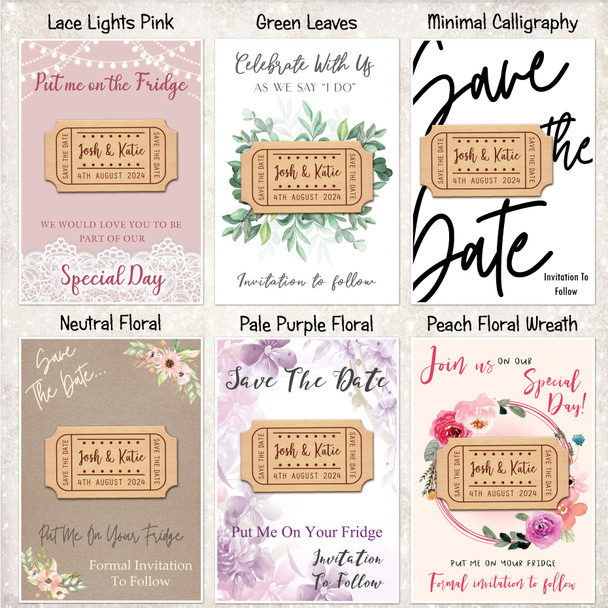Ticket Style Personalised Wooden Wedding Save The Date Magnets & Backing Cards